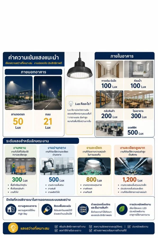 แนวทางมาตรฐานค่าความเข้มแสงสำหรับโกดัง โรงงาน และพื้นที่ทำงานแต่ละประเภท